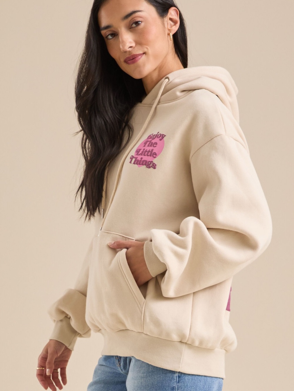 Altar’d State Enjoy The Little Things Beige Graphic Hoodie - Missing Drawstring